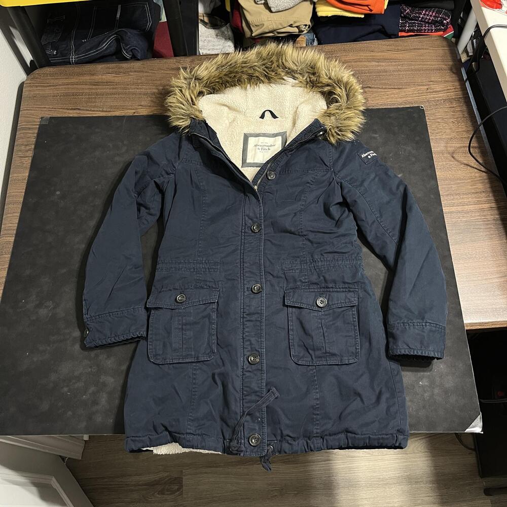 Abercrombie & Fitch Parka Coat Womens Large Navy Faux Fur Hood Sherpa Lined Warm